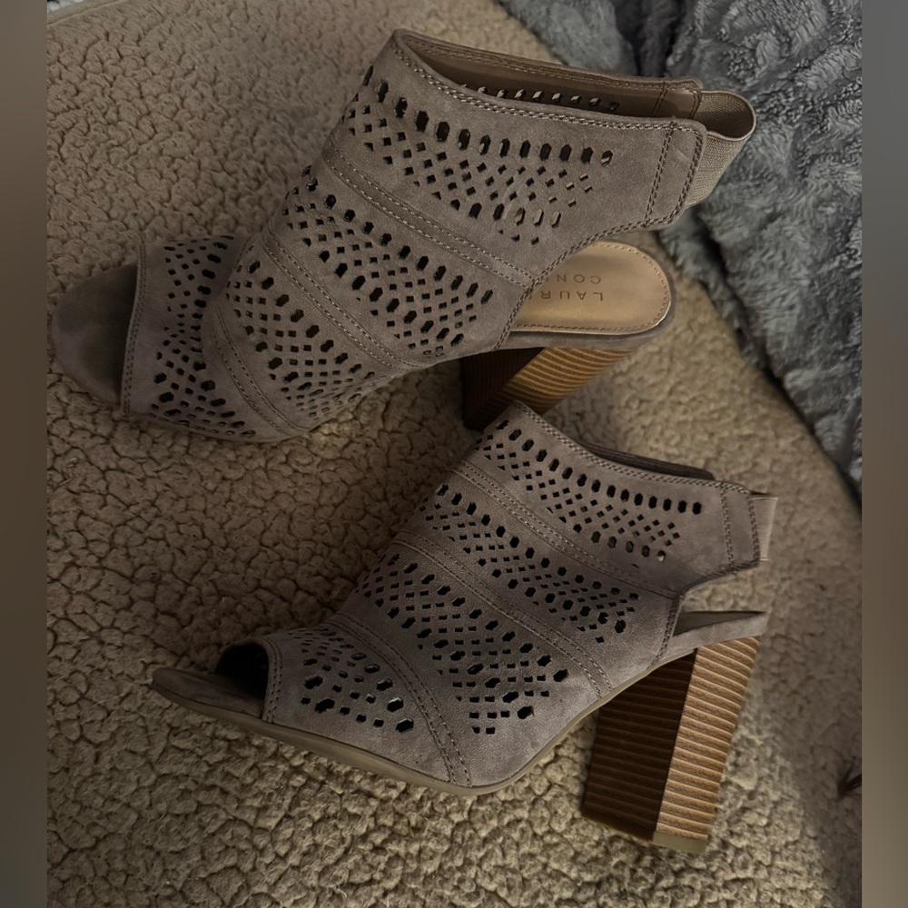 Tan Peep-Toe Ankle Boots